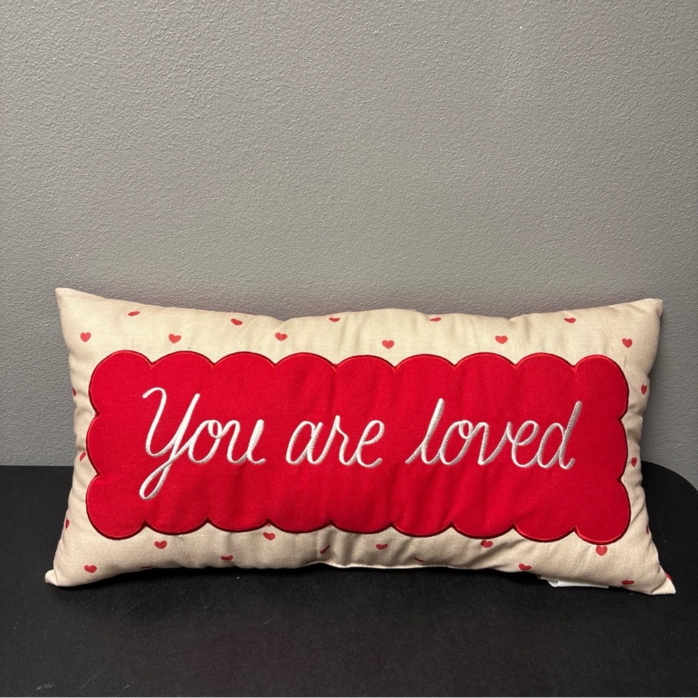 Decorative Pillow, “You Are Loved”, White and Red, 23”x12”